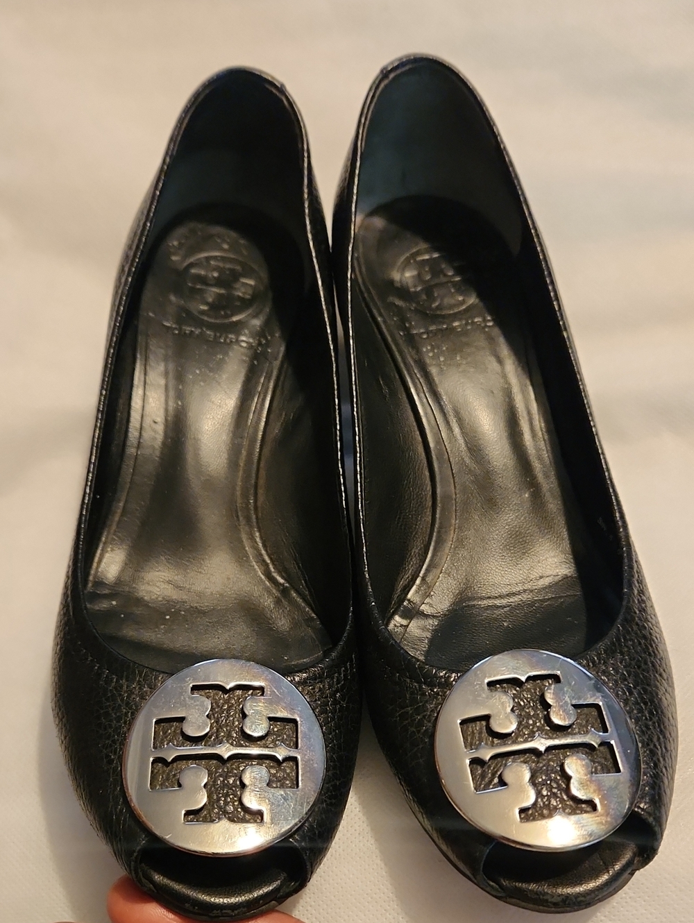 Tory Burch Black Leather Peep-Toe Heels with Silver Logo Medallions